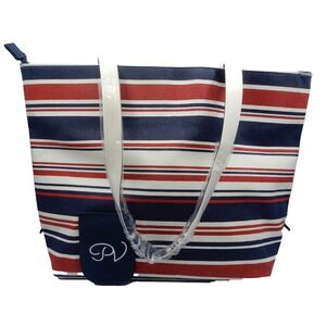 PortoVino Canvas Beach Tote Wine Dispenser Bag Nautical Striped‎ Navy Red White